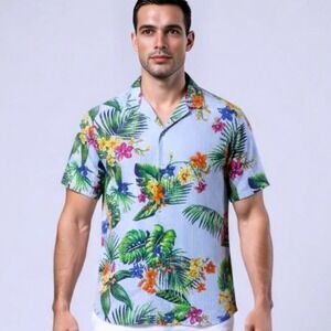 Ralph Lauren Classic Fit Tropical Floral Short Sleeve Seersucker Shirt SZ M EUC